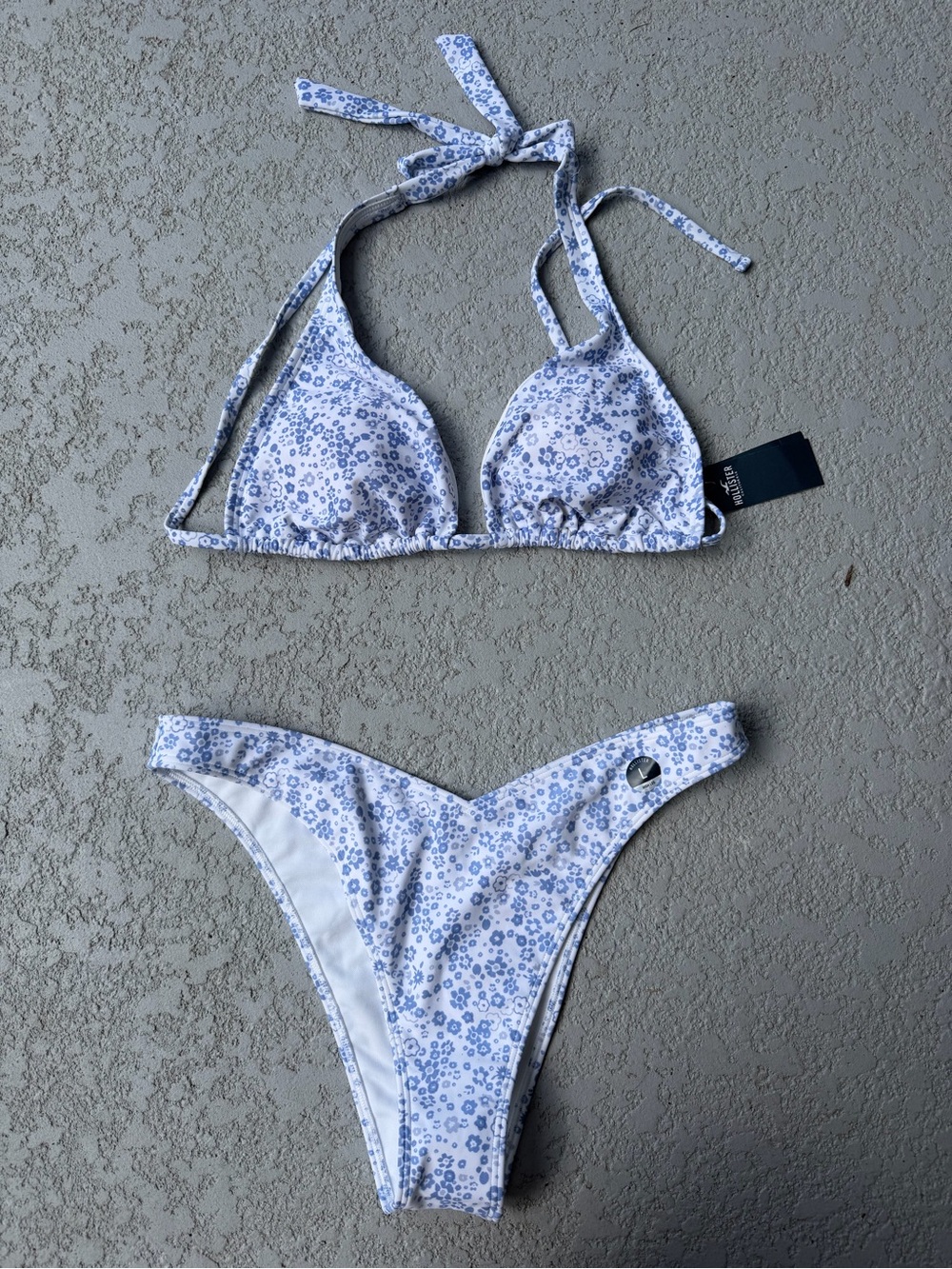 Hollister White and Light Blue Floral Triangle Bikini